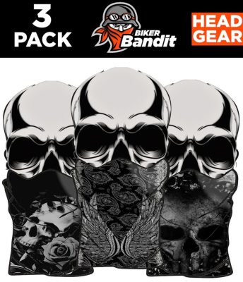 3-Pack Biker Bandit Rose Skull White Bandanna Hals Tube Hals Varmere Balaclava